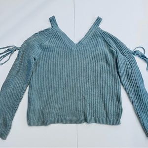 PACSUN — LA HEARTS, TURQUOISE COLD SHOULDER TIES KNIT V-NECK SWEATER, SIZE XS